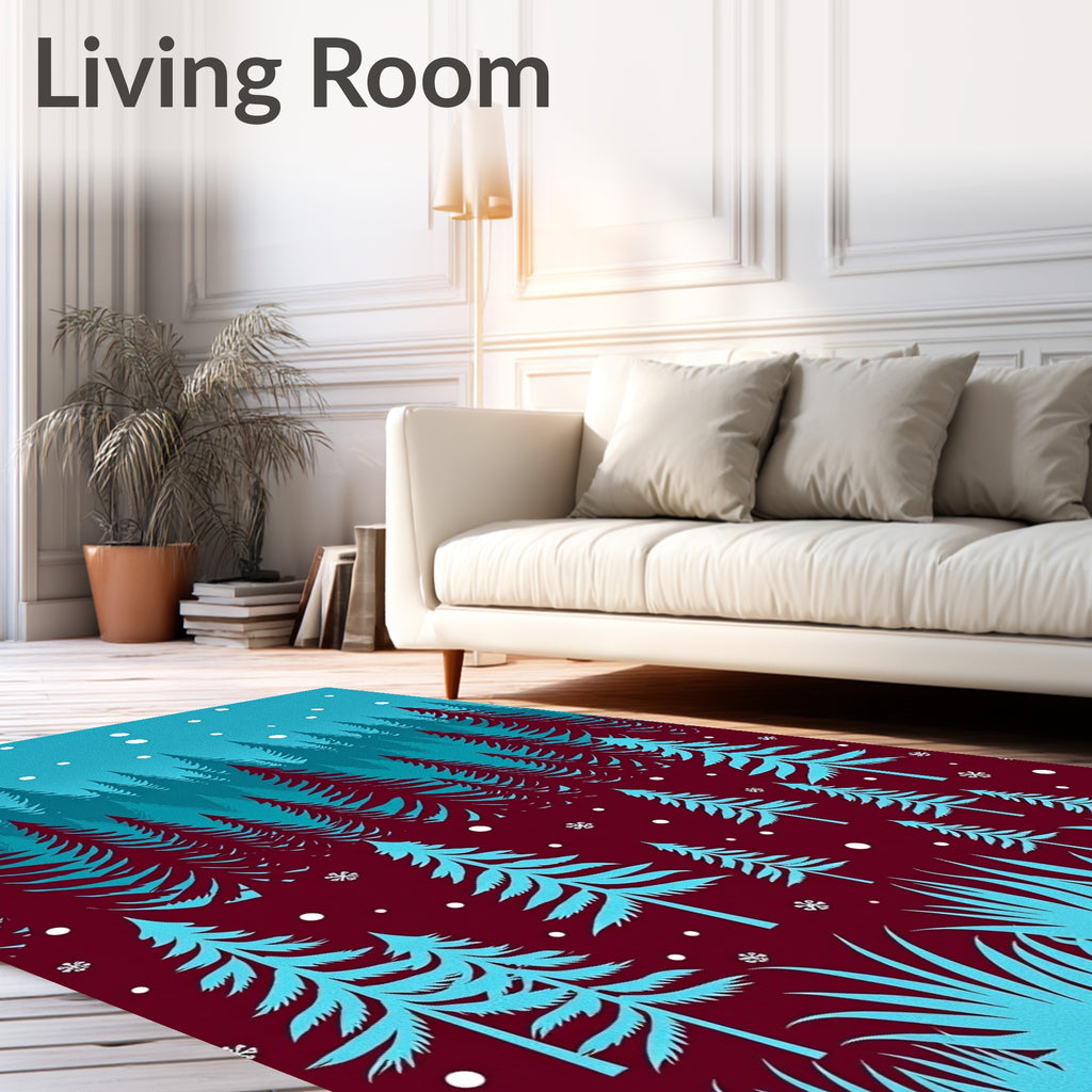 Crimson Teal Winter Forest Snowfall Rug