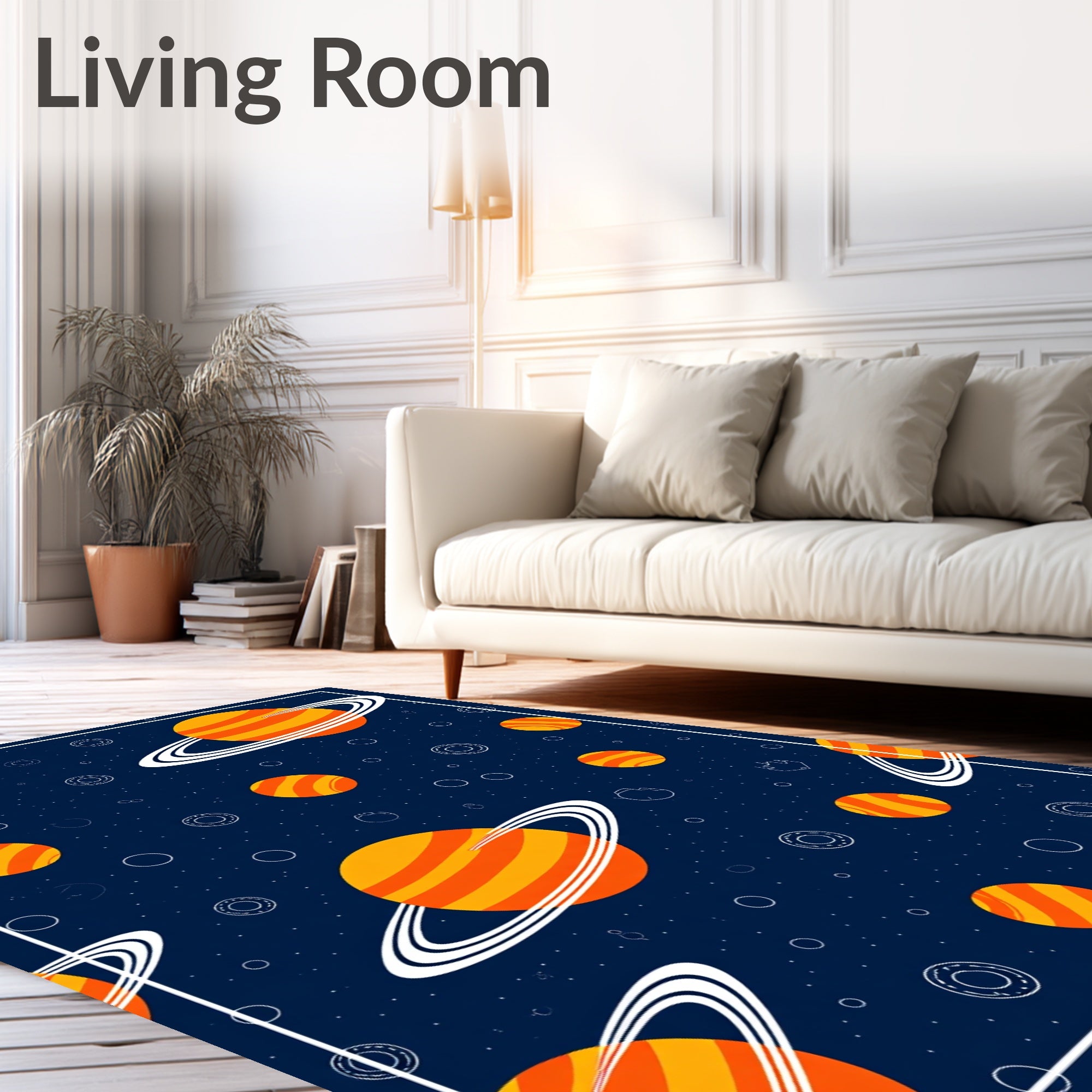 Orange Striped Ringed Planets Navy Rug