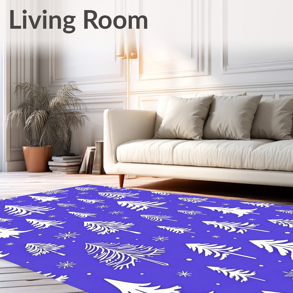 White Trees Snowflakes Blue Background Rug