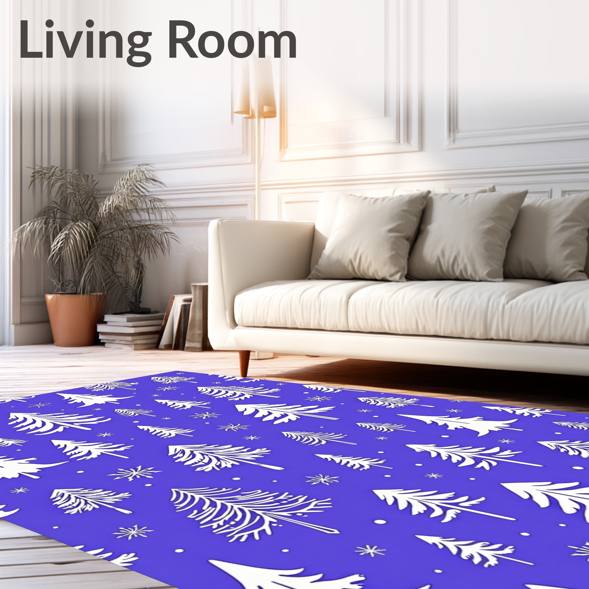 White Trees Snowflakes Blue Background Rug