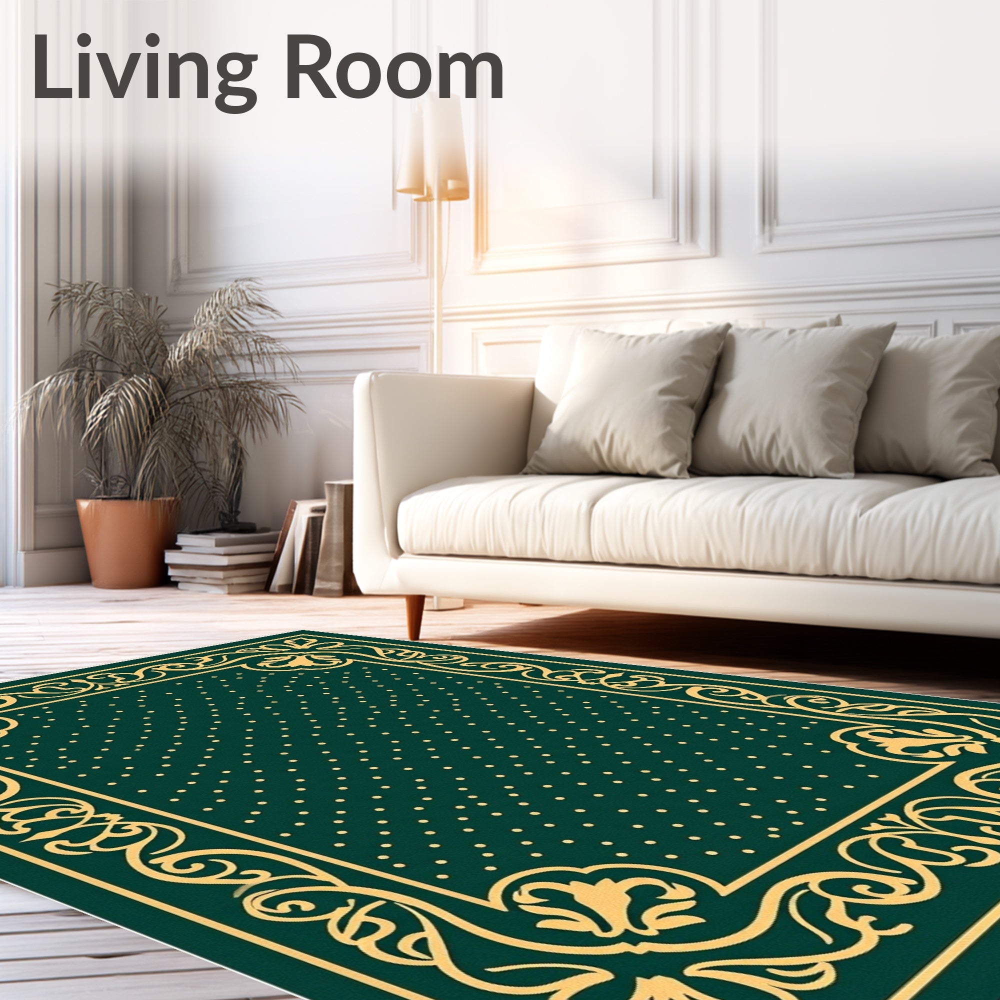 Emerald Green Golden Floral Damask Rug