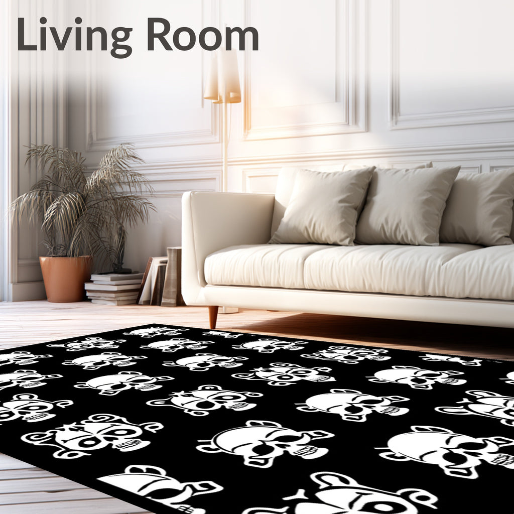 White Skulls Black Background Repeat Rug