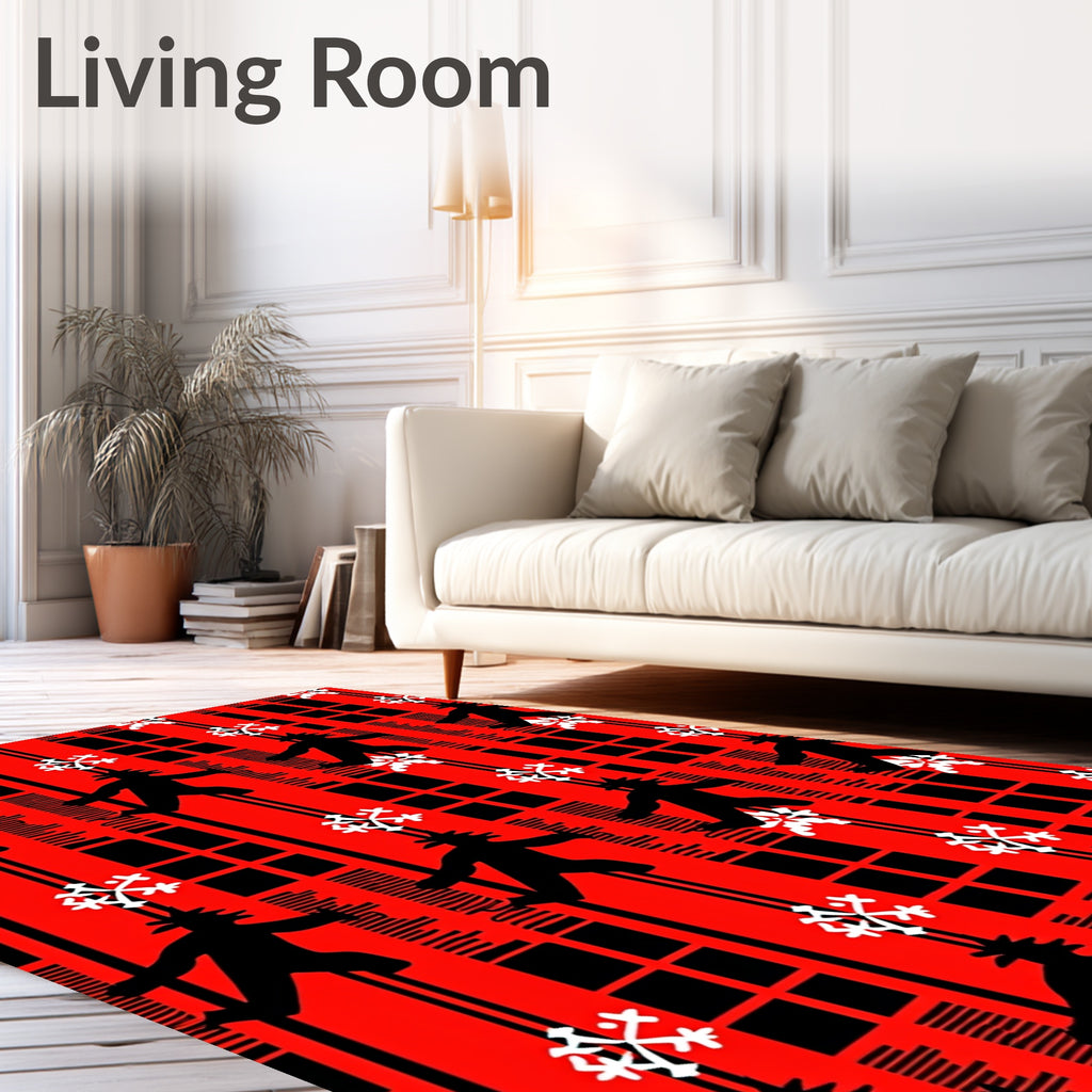 Bold Black Crimson Figure Snowflakes Rug
