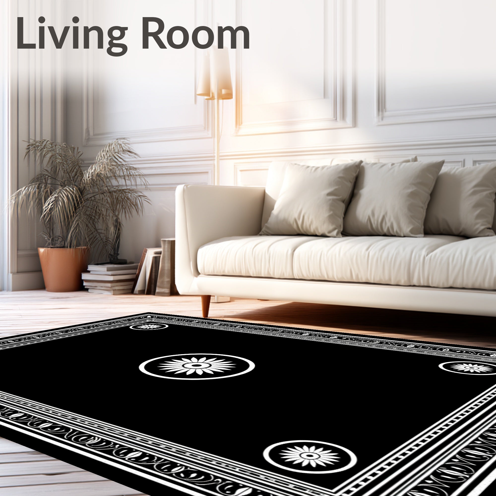 Classic Black White Floral Medallion Border Rug