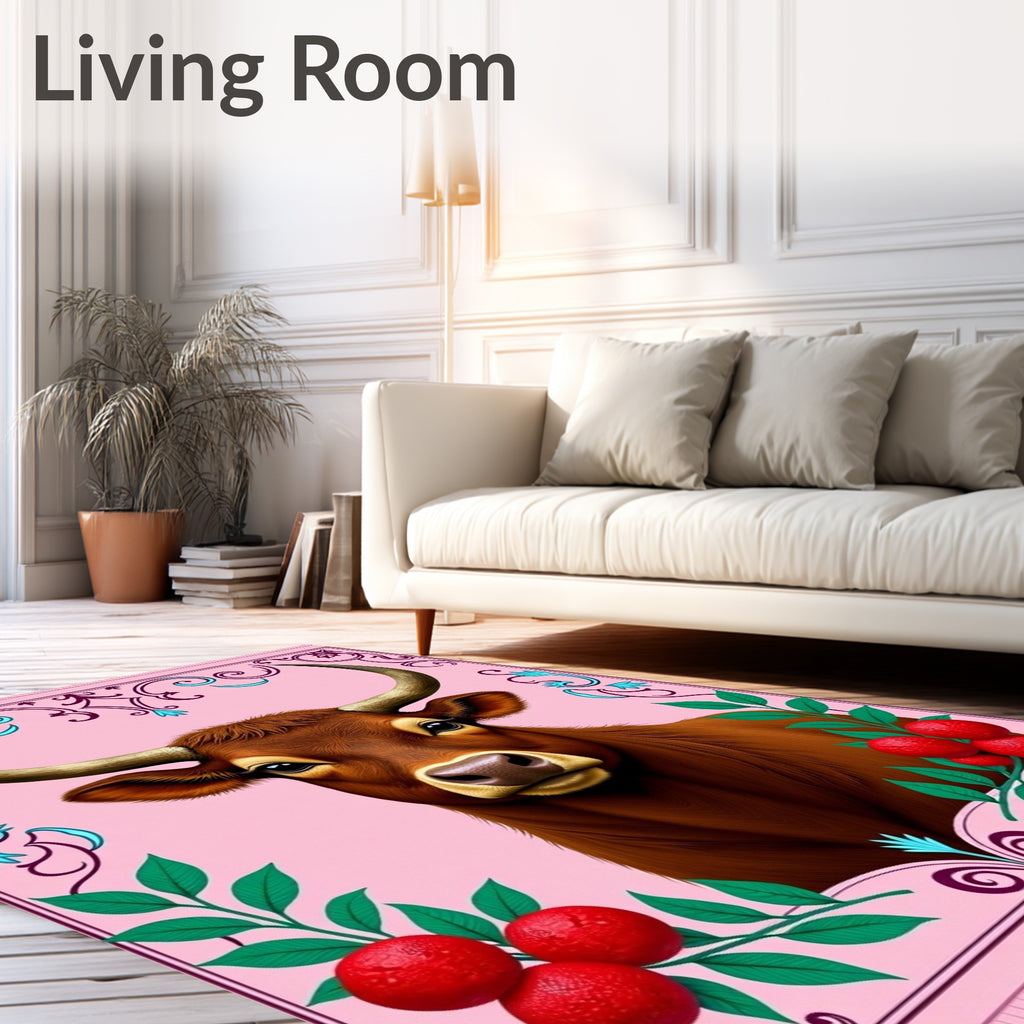 Brown Bull Cherries Pink Floral Border Rug