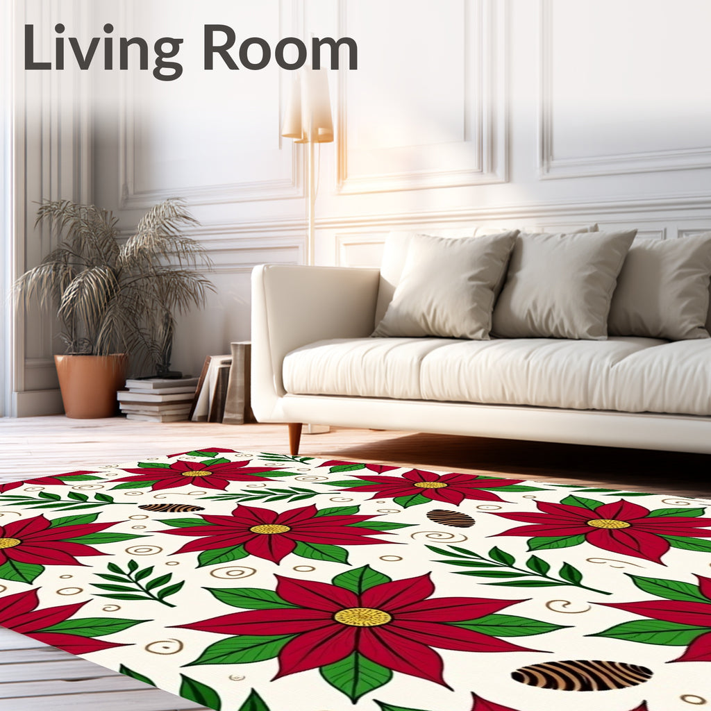 Festive Red Poinsettia Foliage Swirls Rug