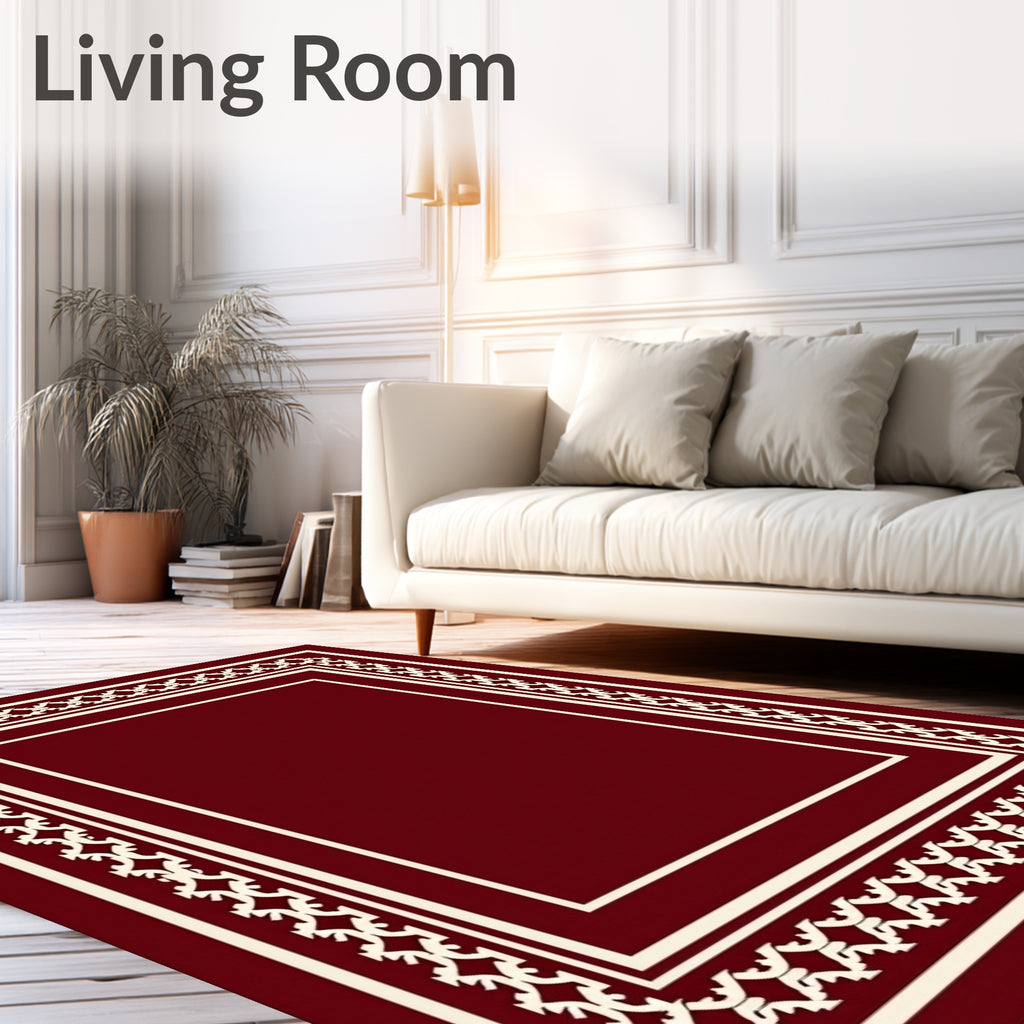 Deep Red Ivory Bordered Geometric Rug