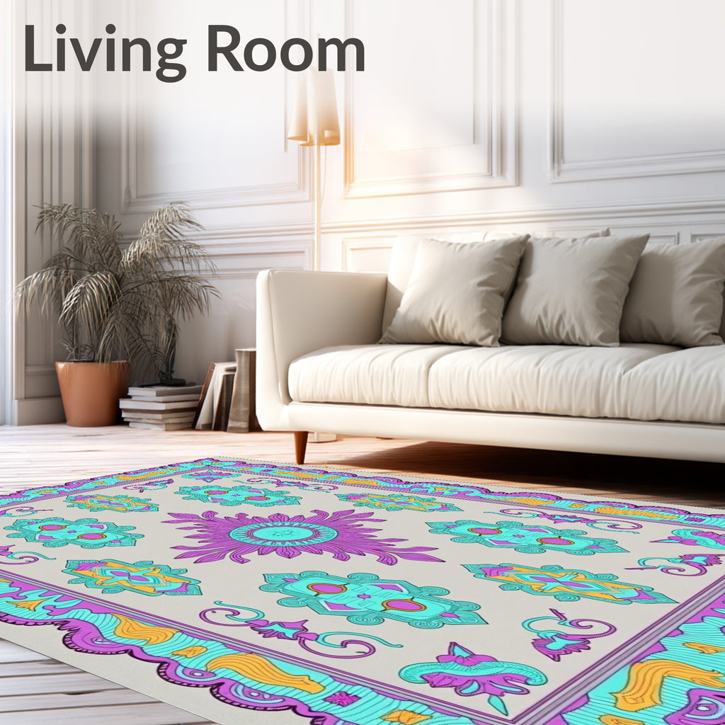 Vibrant Purple Teal Medallion Border Rug