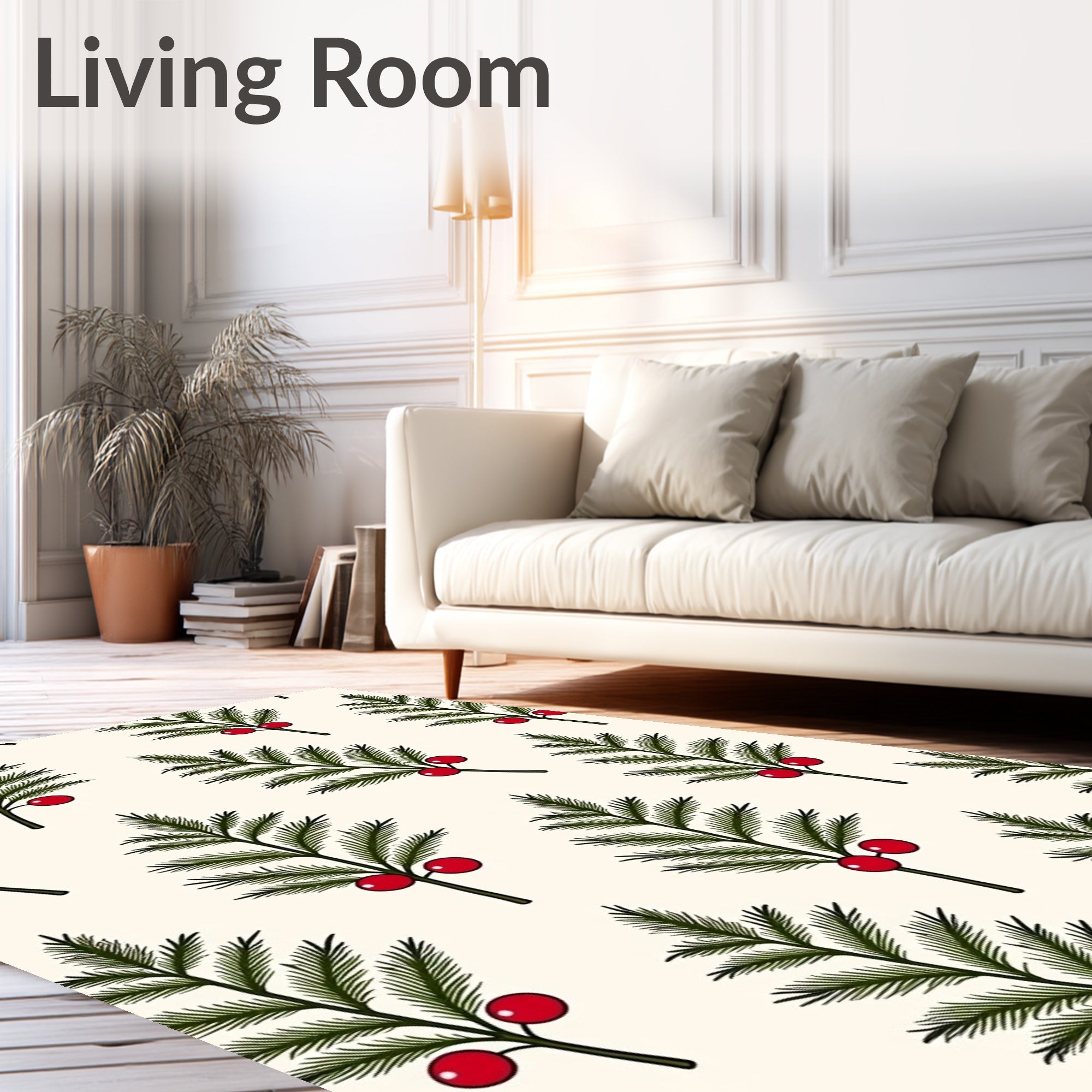 Festive Green Pine Holly Berry Sprigs Rug