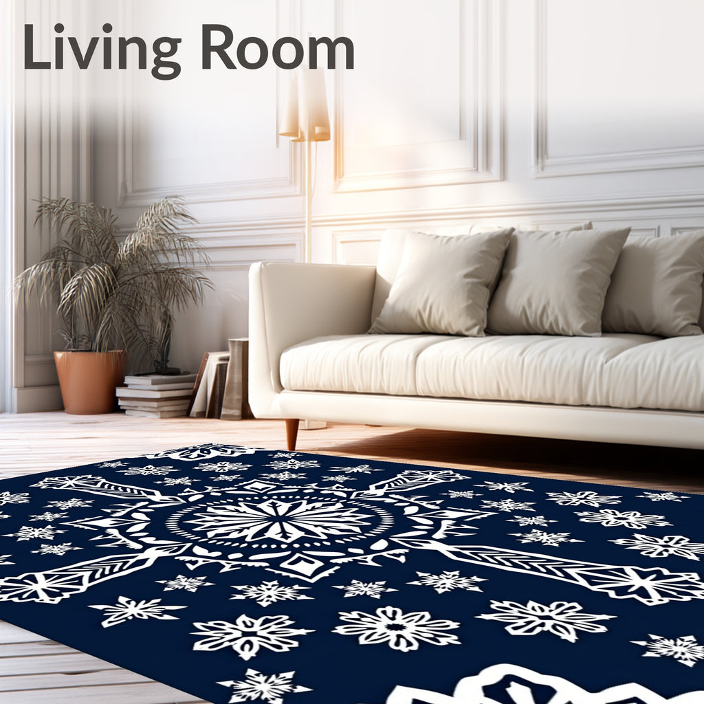 Midnight Blue White Snowflake Mandala Rug