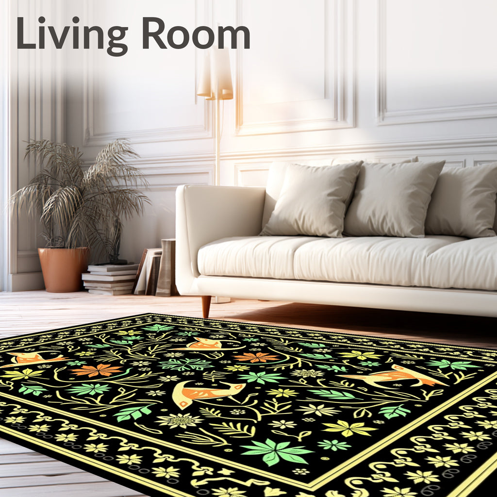 Whimsical Orange Birds Floral Forest Rug