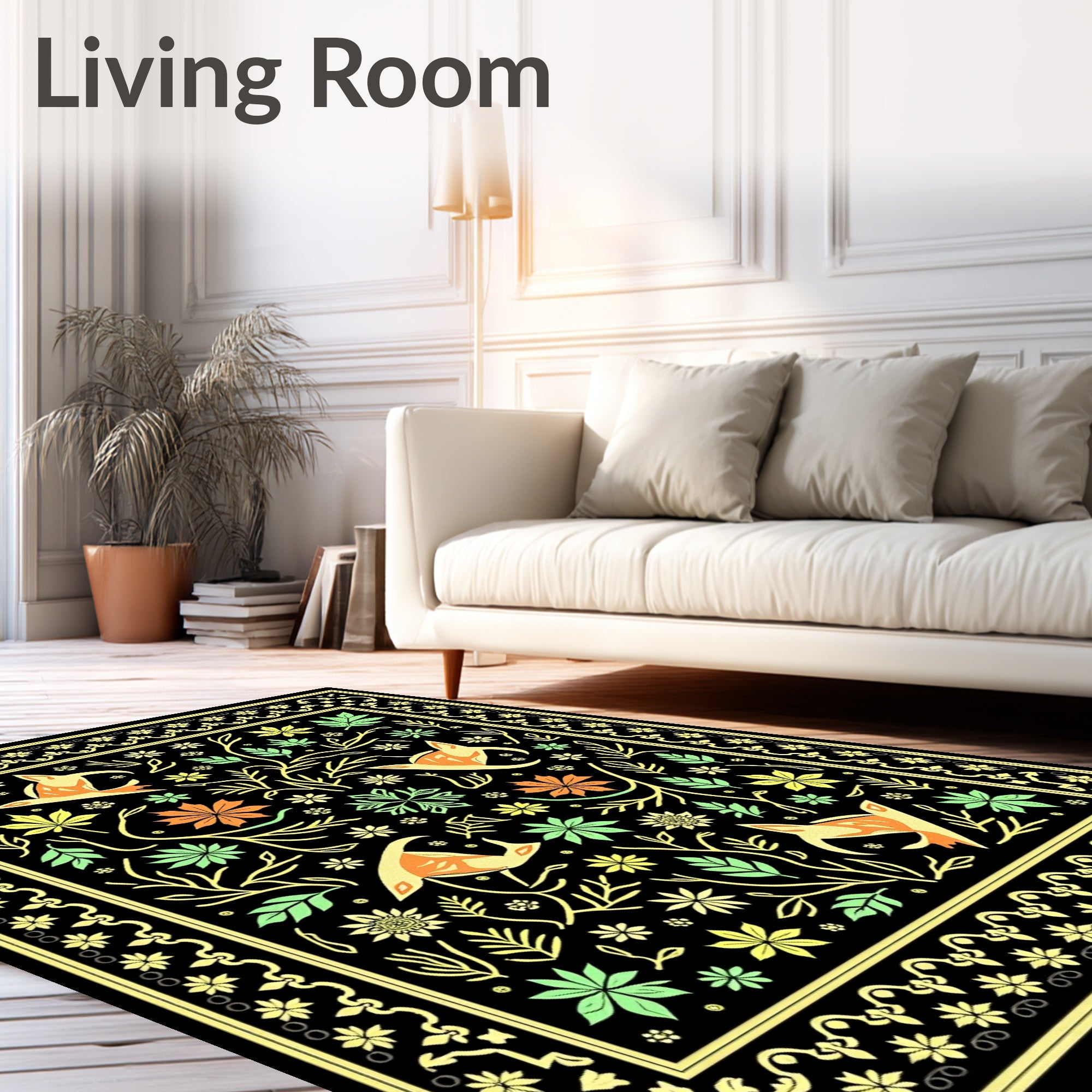 Whimsical Orange Birds Floral Forest Rug