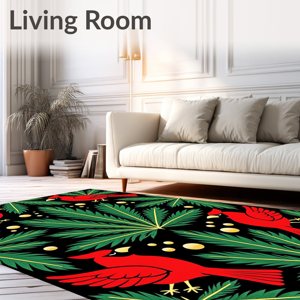 Red Cardinal Green Foliage Gold Dots Rug