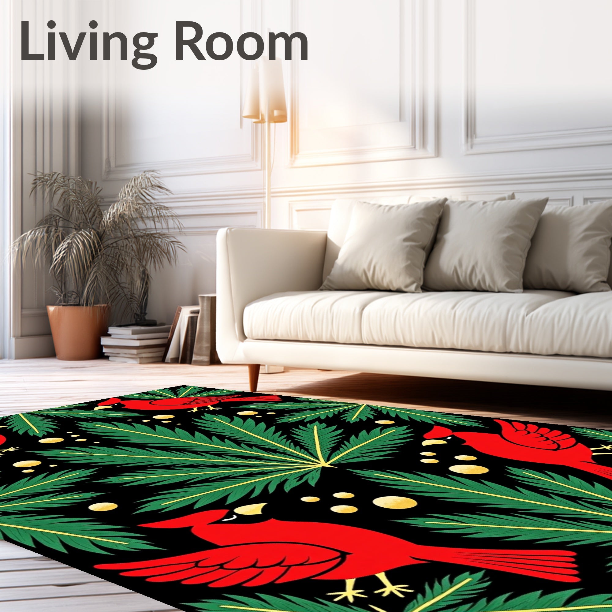 Red Cardinal Green Foliage Gold Dots Rug