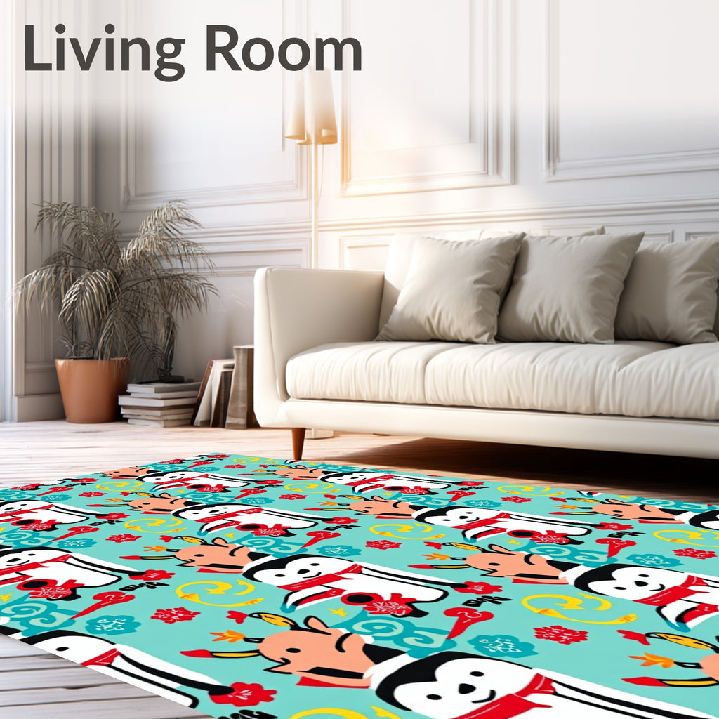 Cute Penguin Reindeer Red Holly Swirls Rug