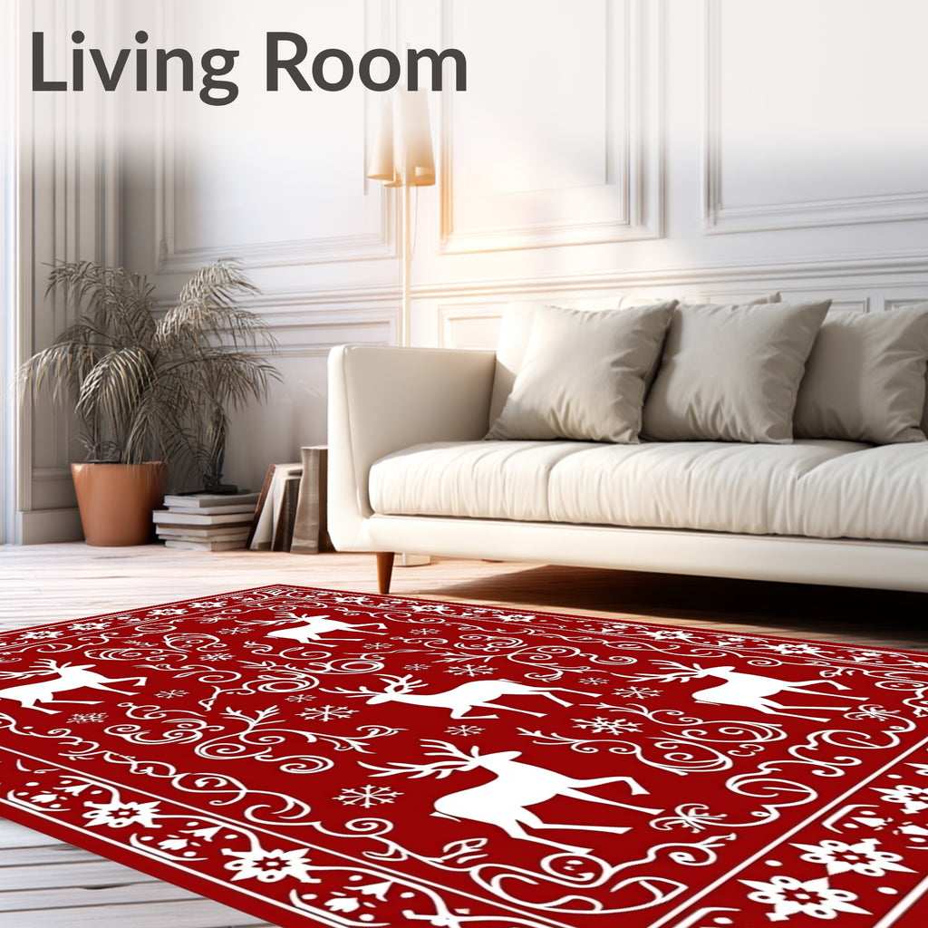 Crimson Reindeer Snowflake Border Rug