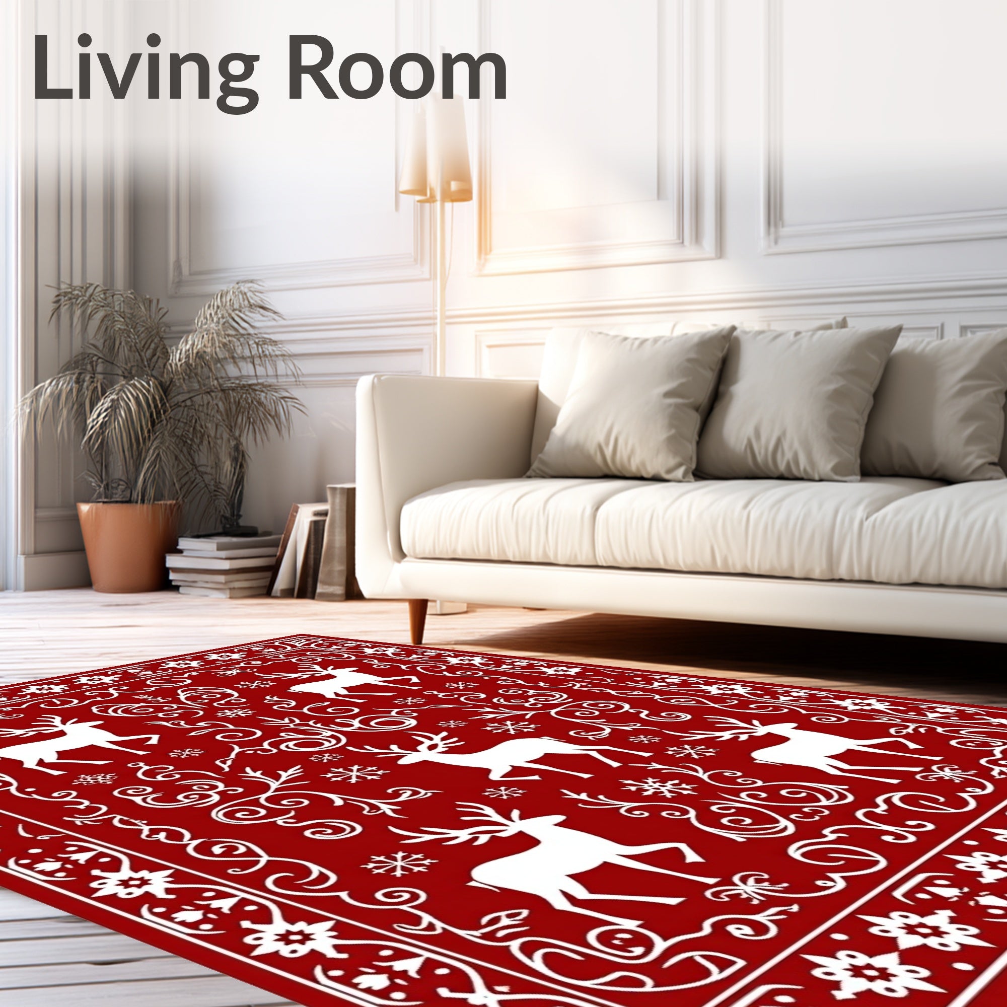 Crimson Reindeer Snowflake Border Rug