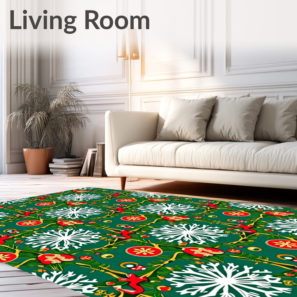 Green Christmas Snowflakes Ornaments Border Rug