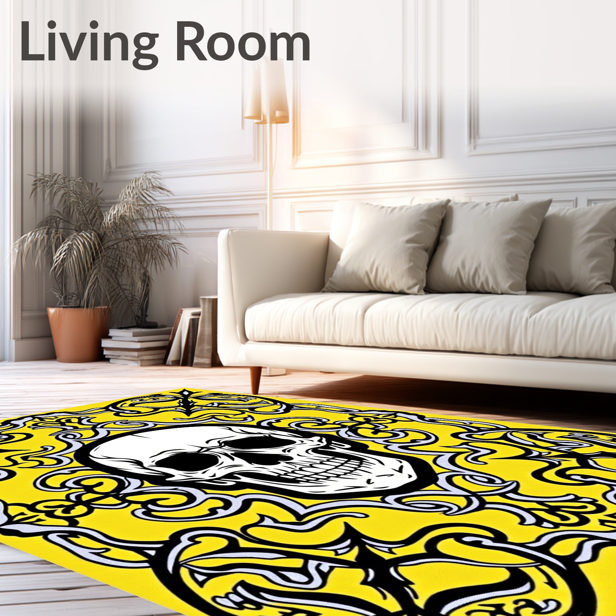 Bold Yellow Skull Floral Crest Rug