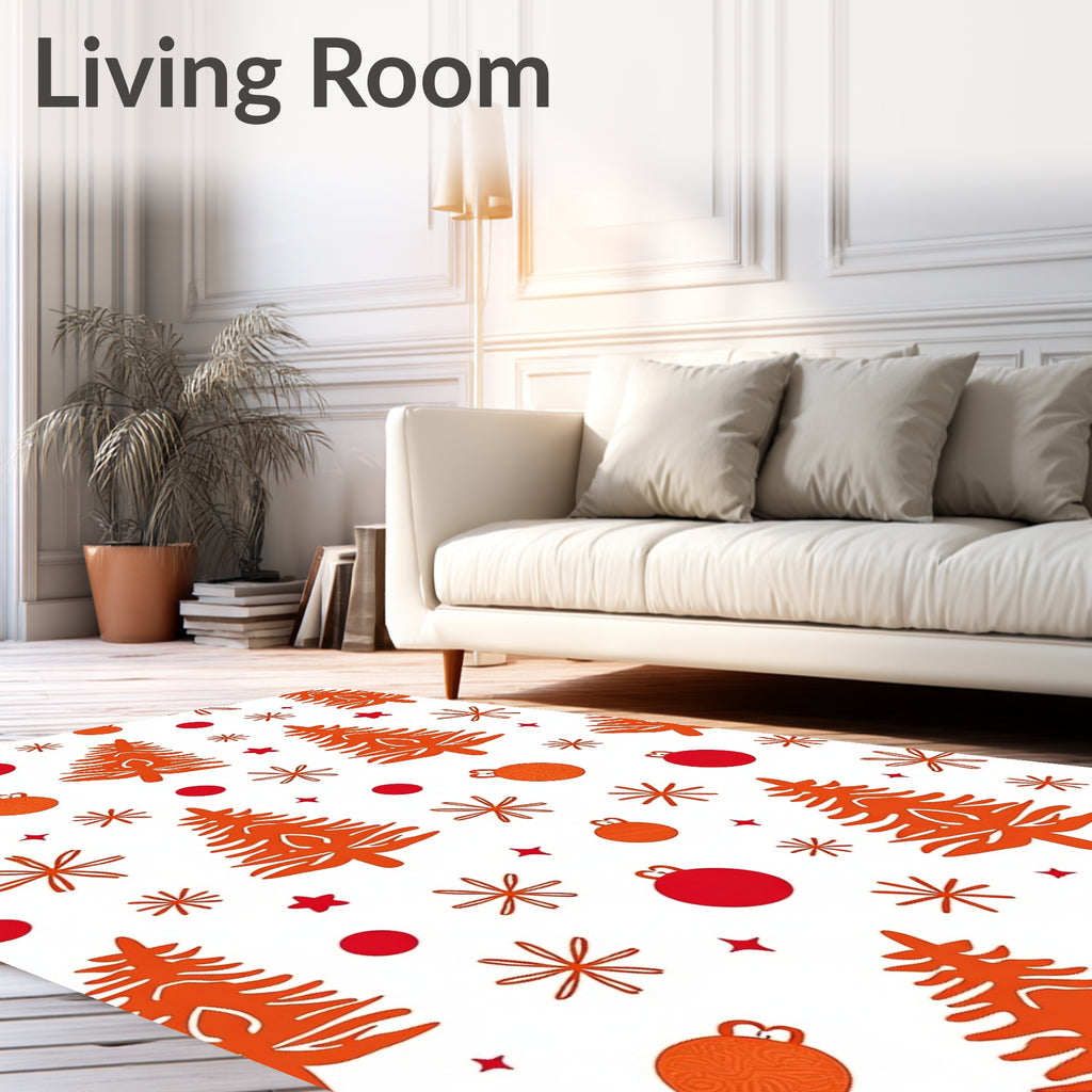 Orange Christmas Trees Festive Ornaments White Rug