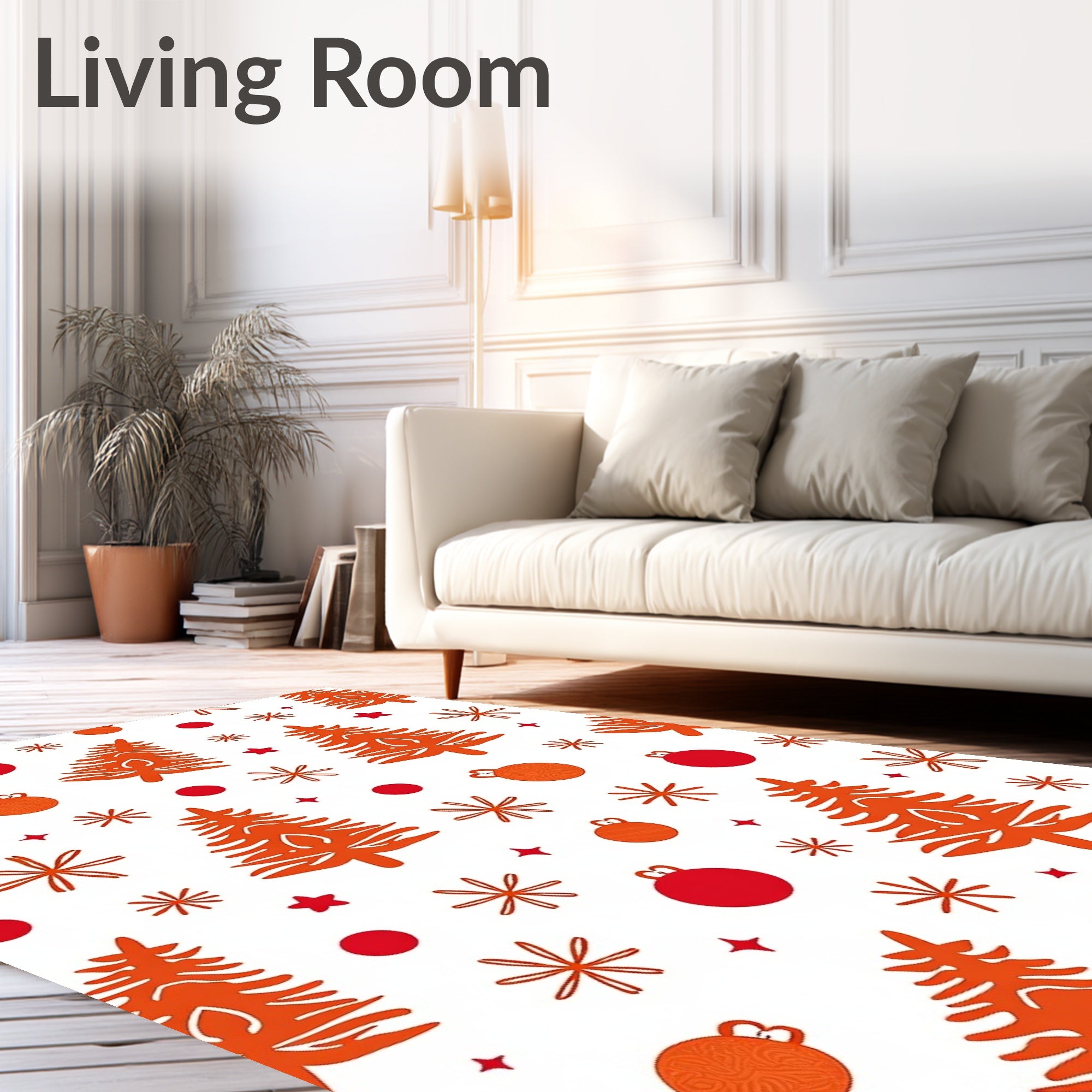 Orange Christmas Trees Festive Ornaments White Rug