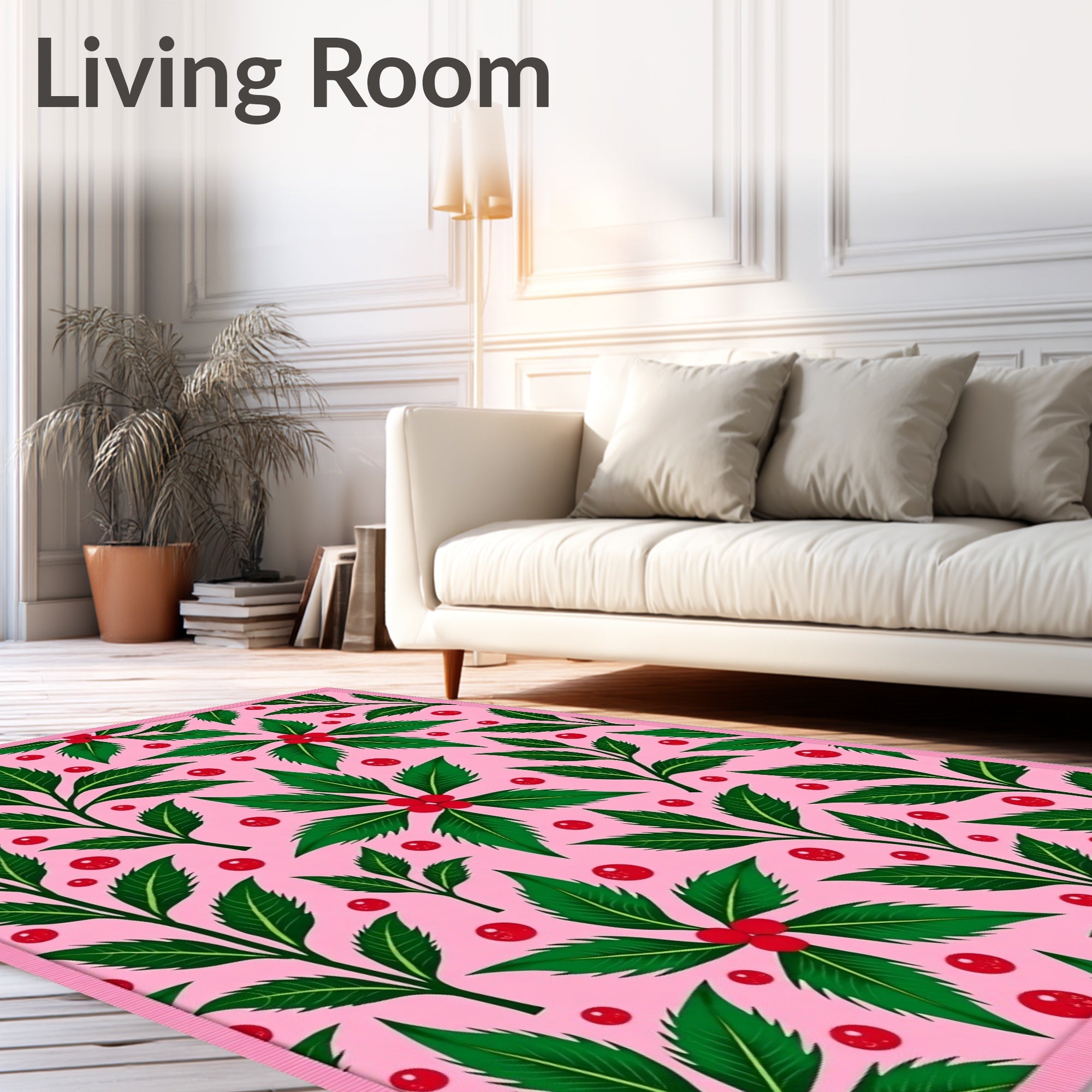 Pink Holly Berry Leaf Branches Rug