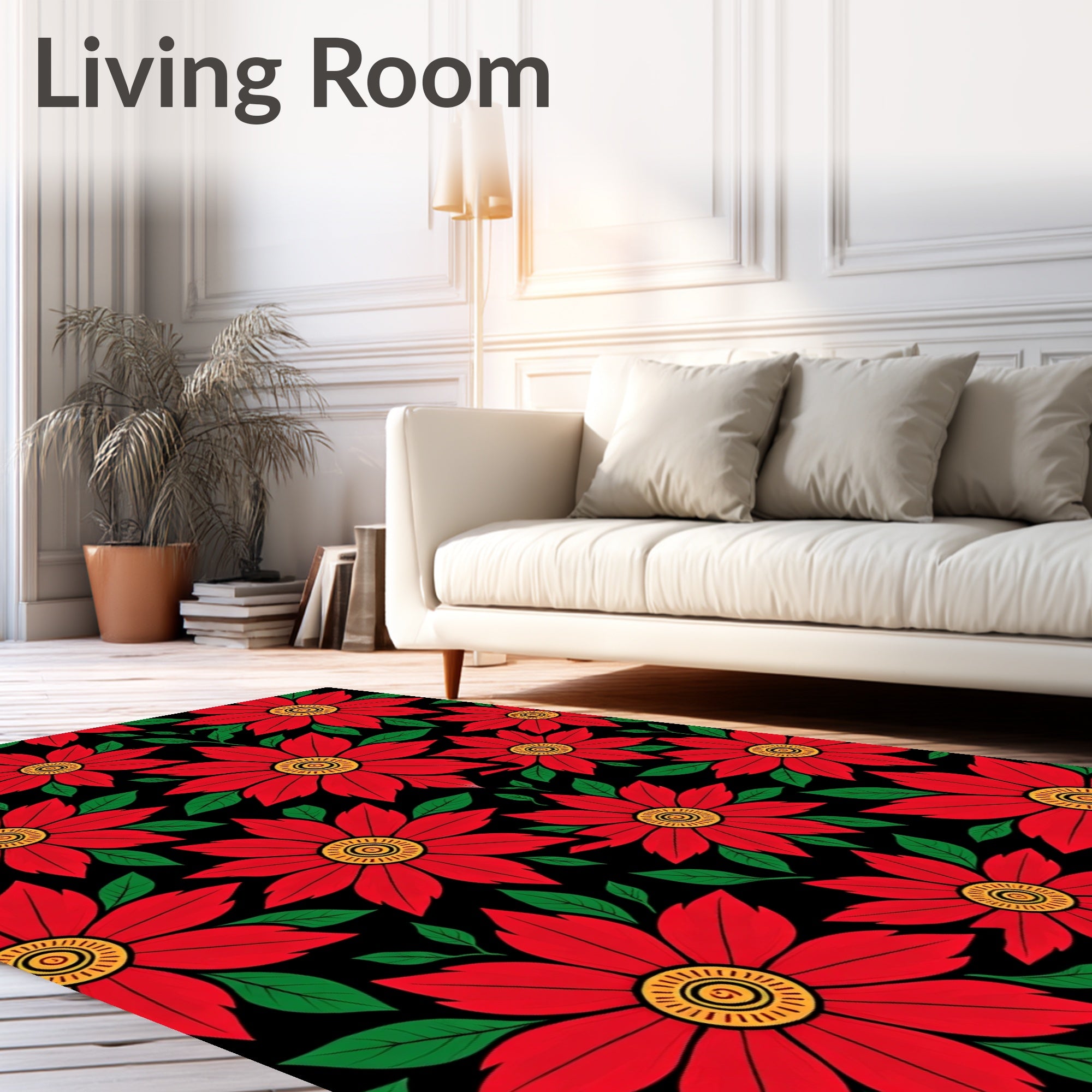 Bold Red Floral Garden Black Rug