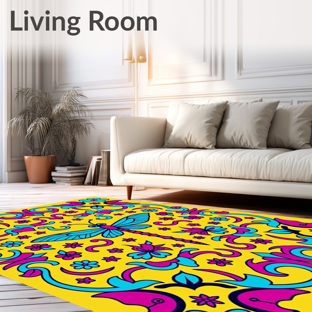 Whimsical Teal Dragonfly Floral Yellow Rug