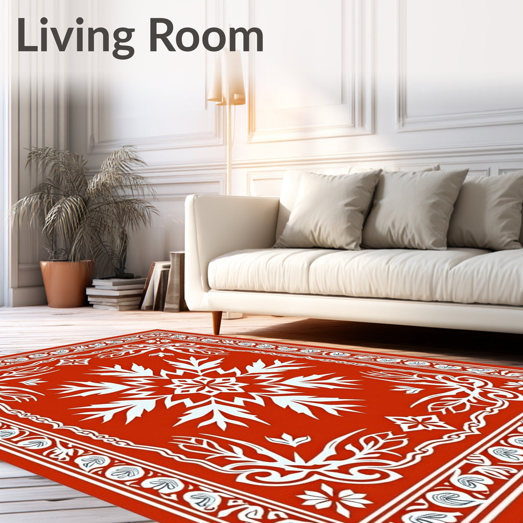 Vibrant Red White Floral Frame Rug