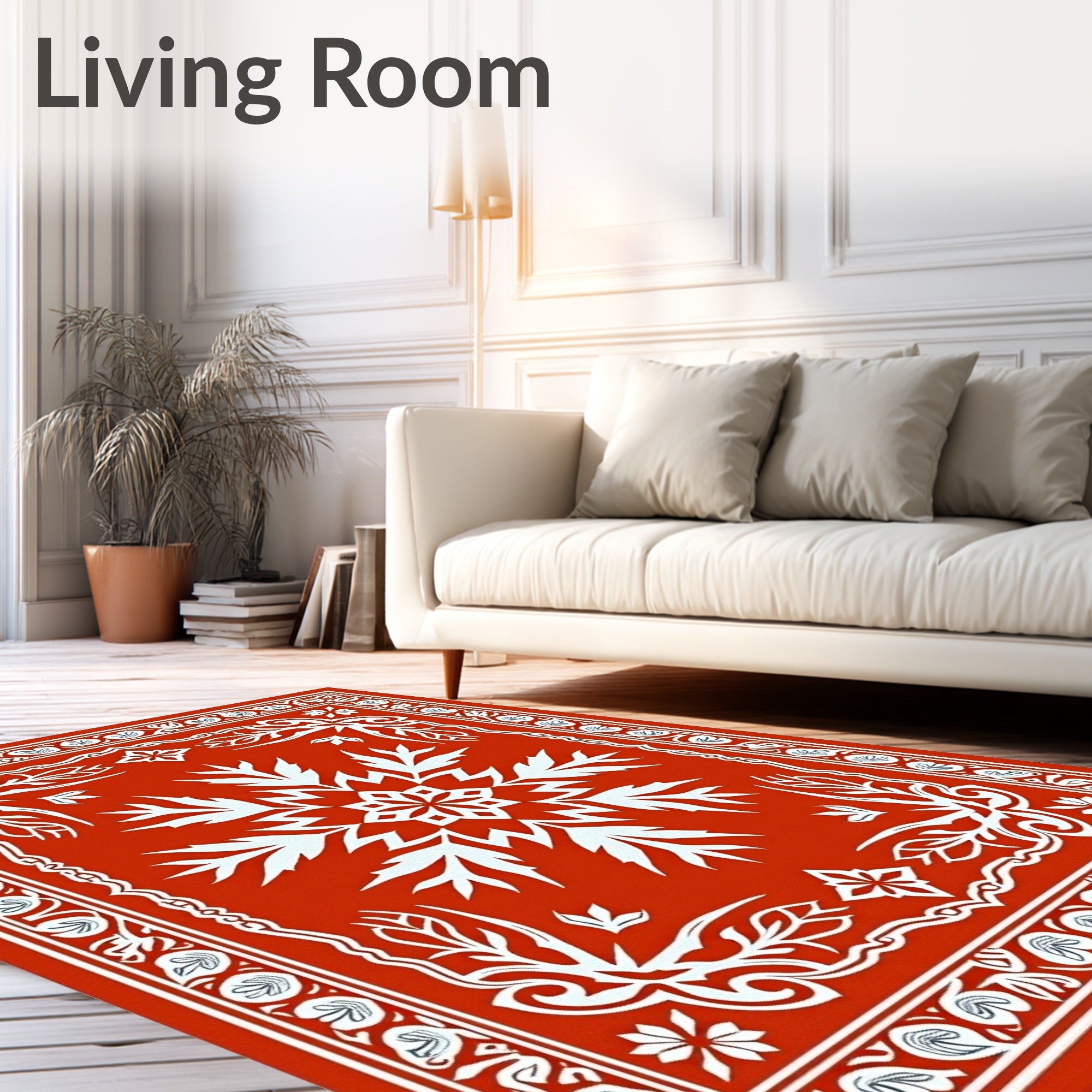 Vibrant Red White Floral Frame Rug