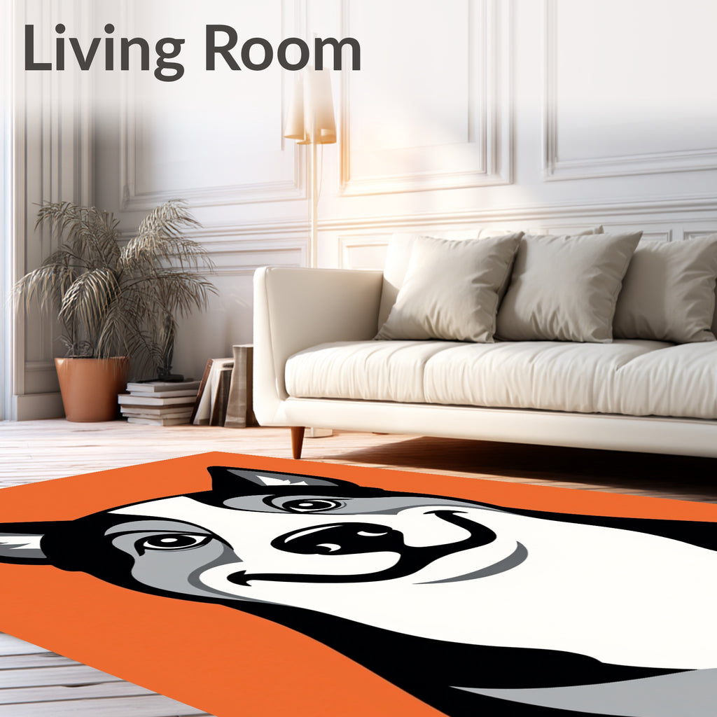 Joyful Black White Dog Orange Background Rug