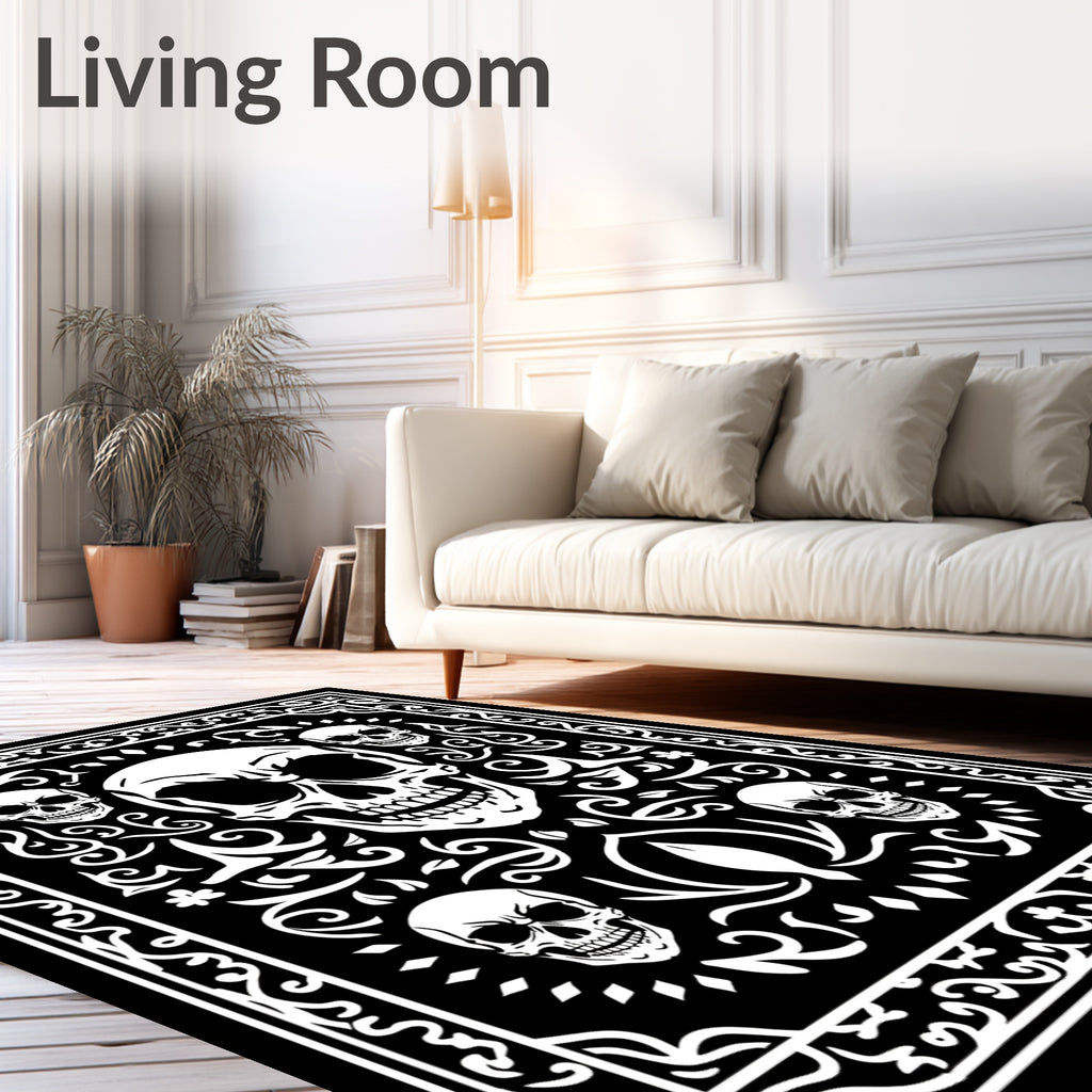 Gothic Skull Floral Black White Square Rug