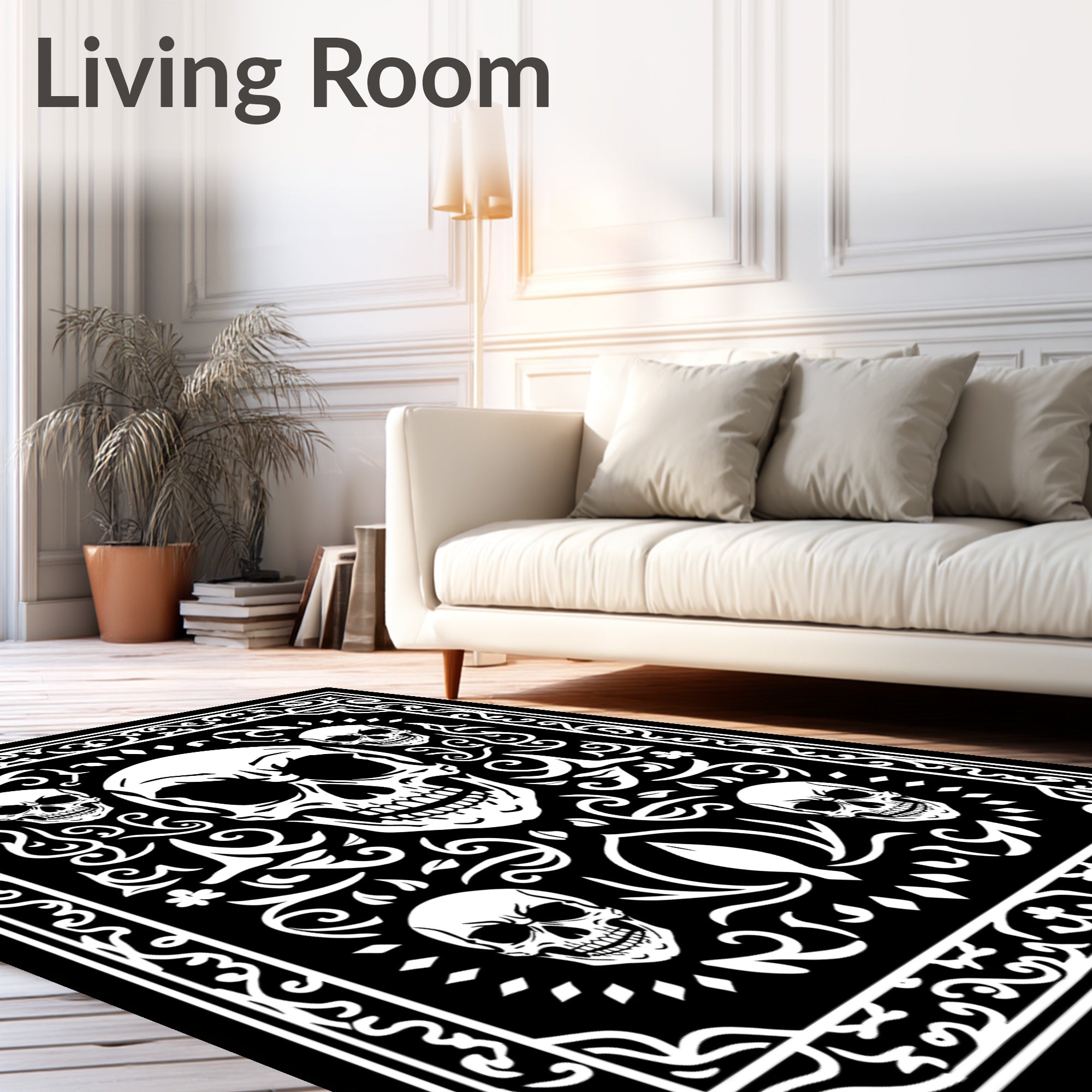 Gothic Skull Floral Black White Square Rug