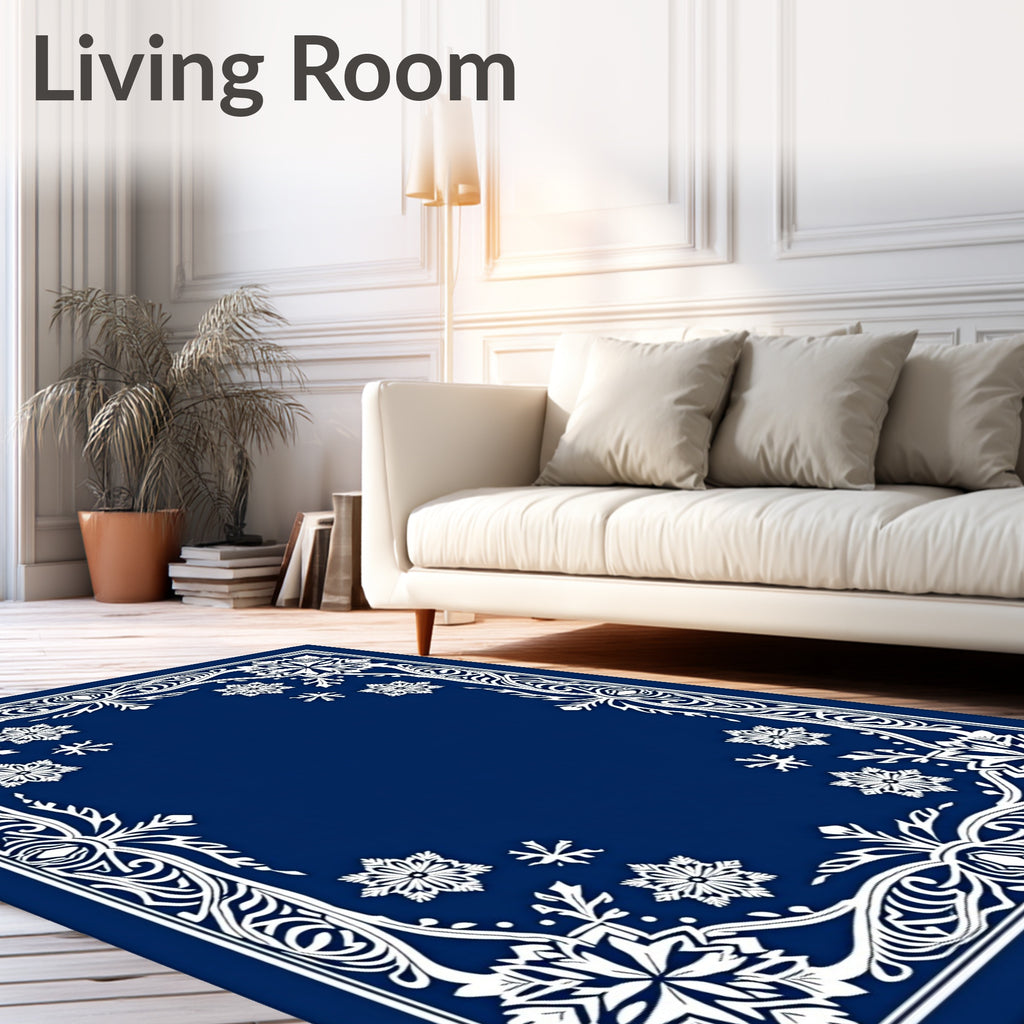 Deep Blue Snowflake Border Art Rug