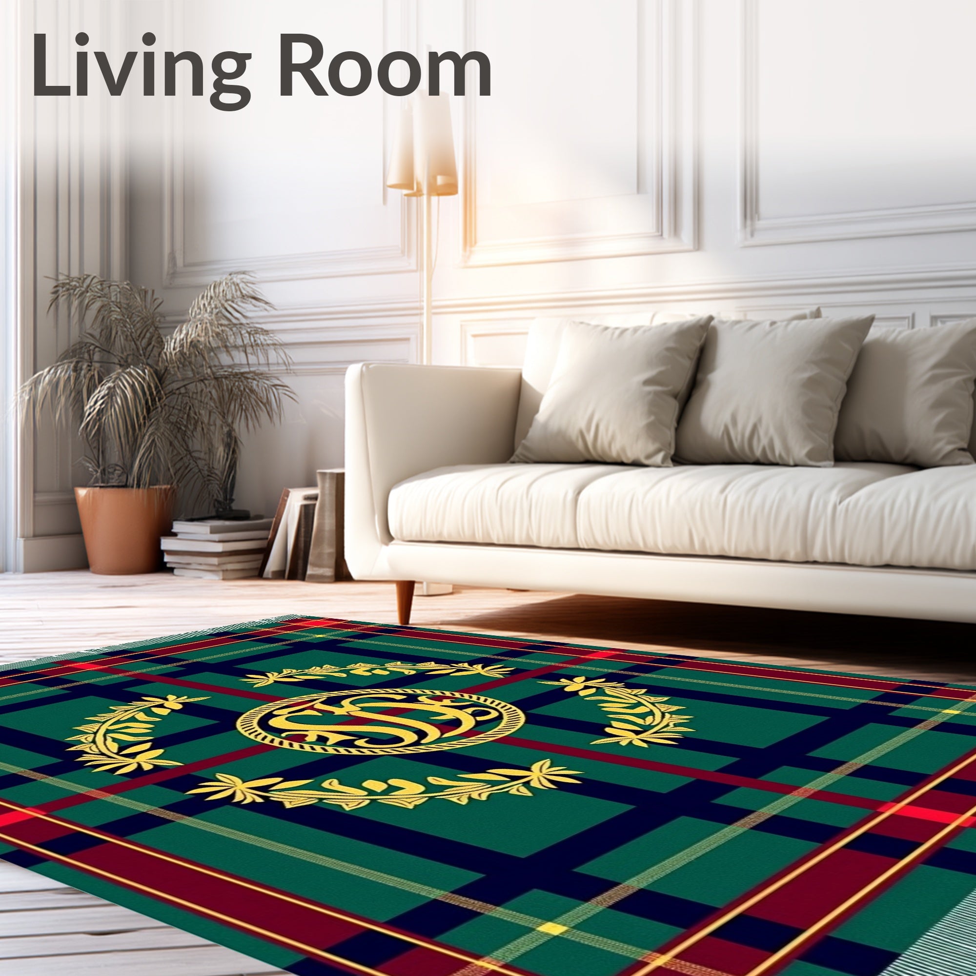Green Red Navy Plaid Laurel Monogram Rug