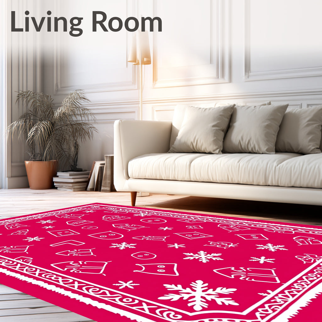 Whimsical Red Snowflake Character Collage Rug