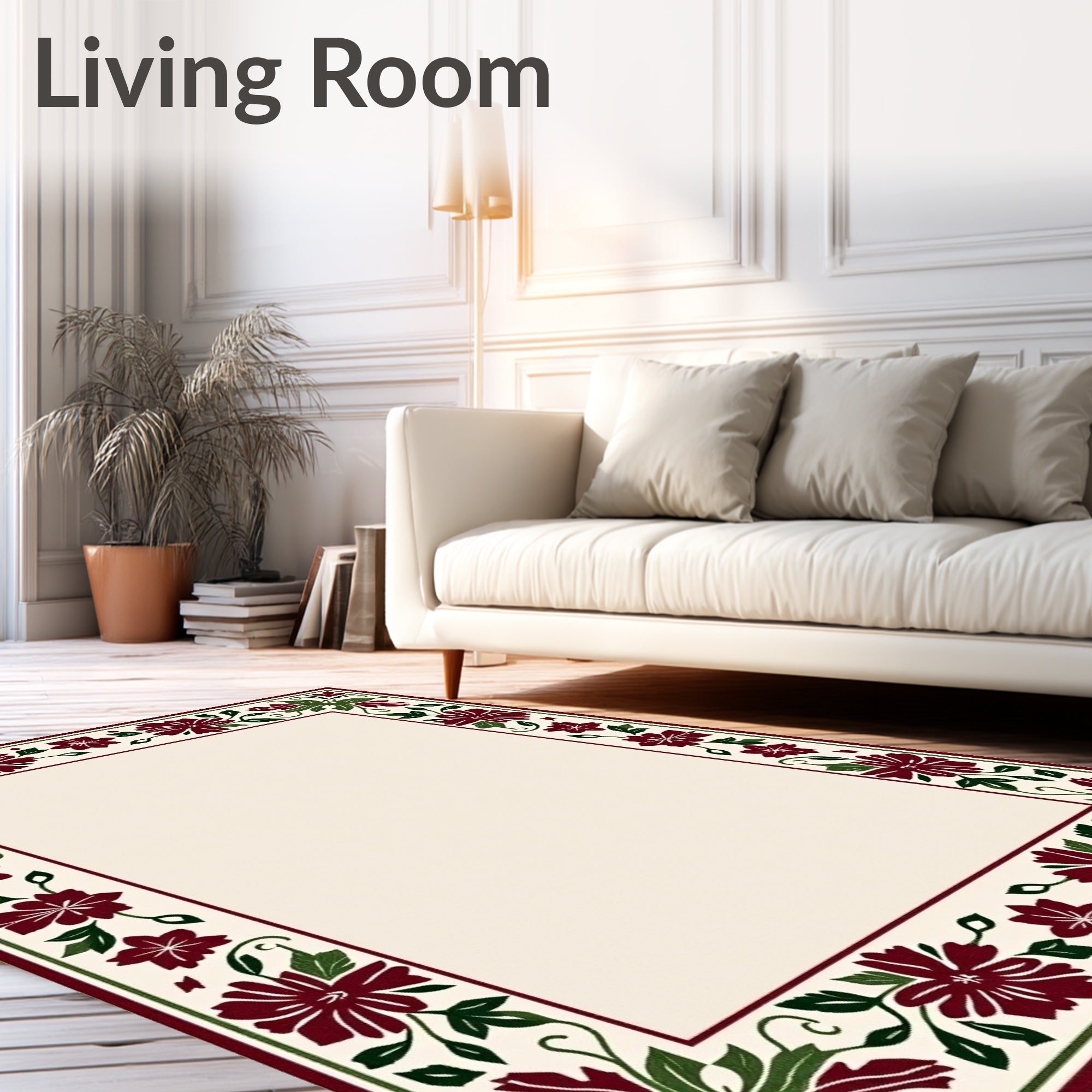 Crimson Green Floral Vine Border Rug