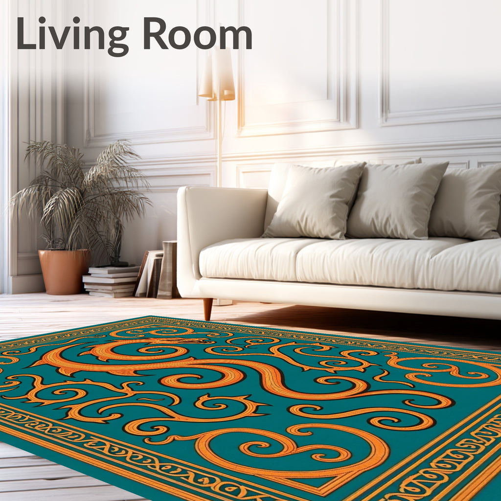 Orange Dragon Swirls Teal Border Rug