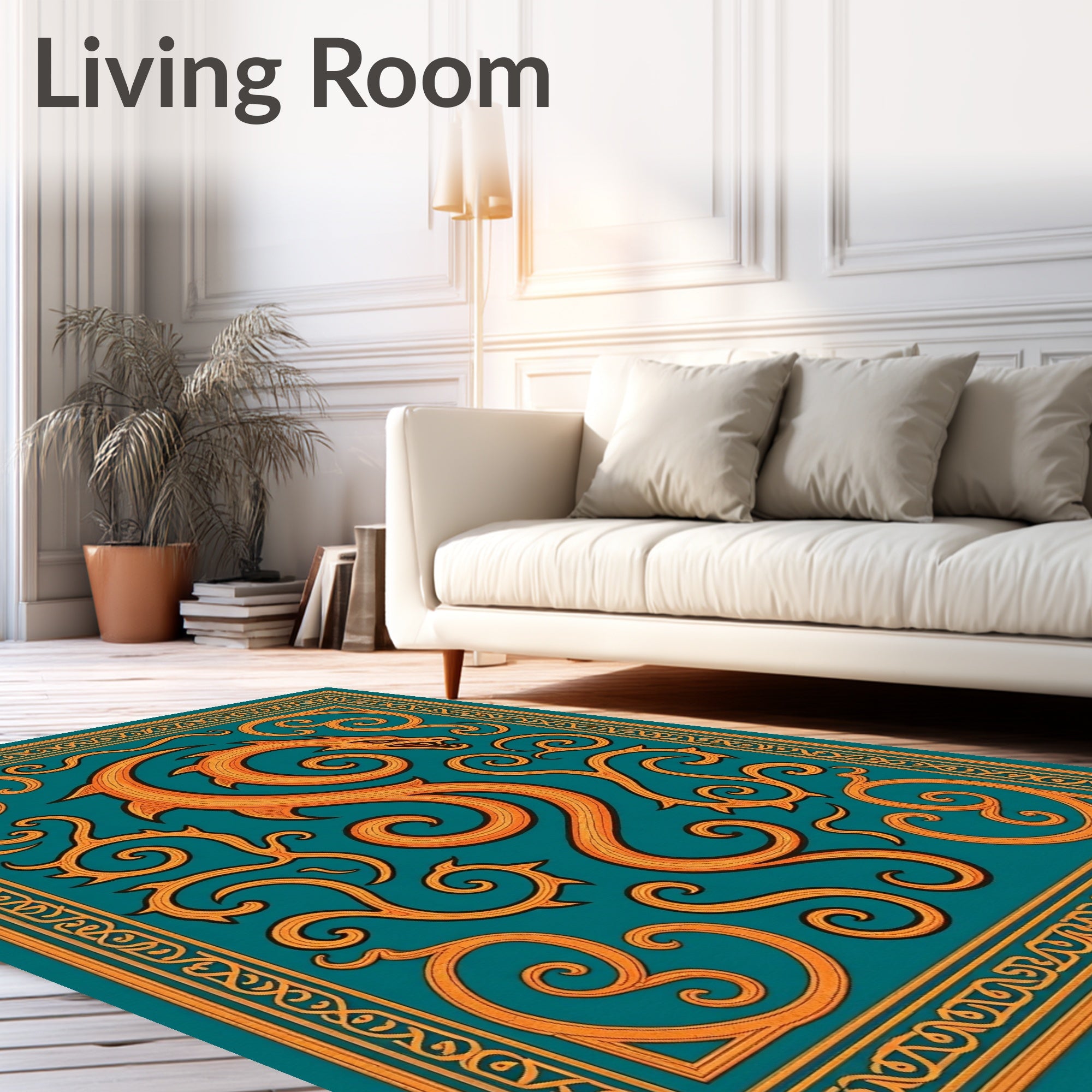 Orange Dragon Swirls Teal Border Rug