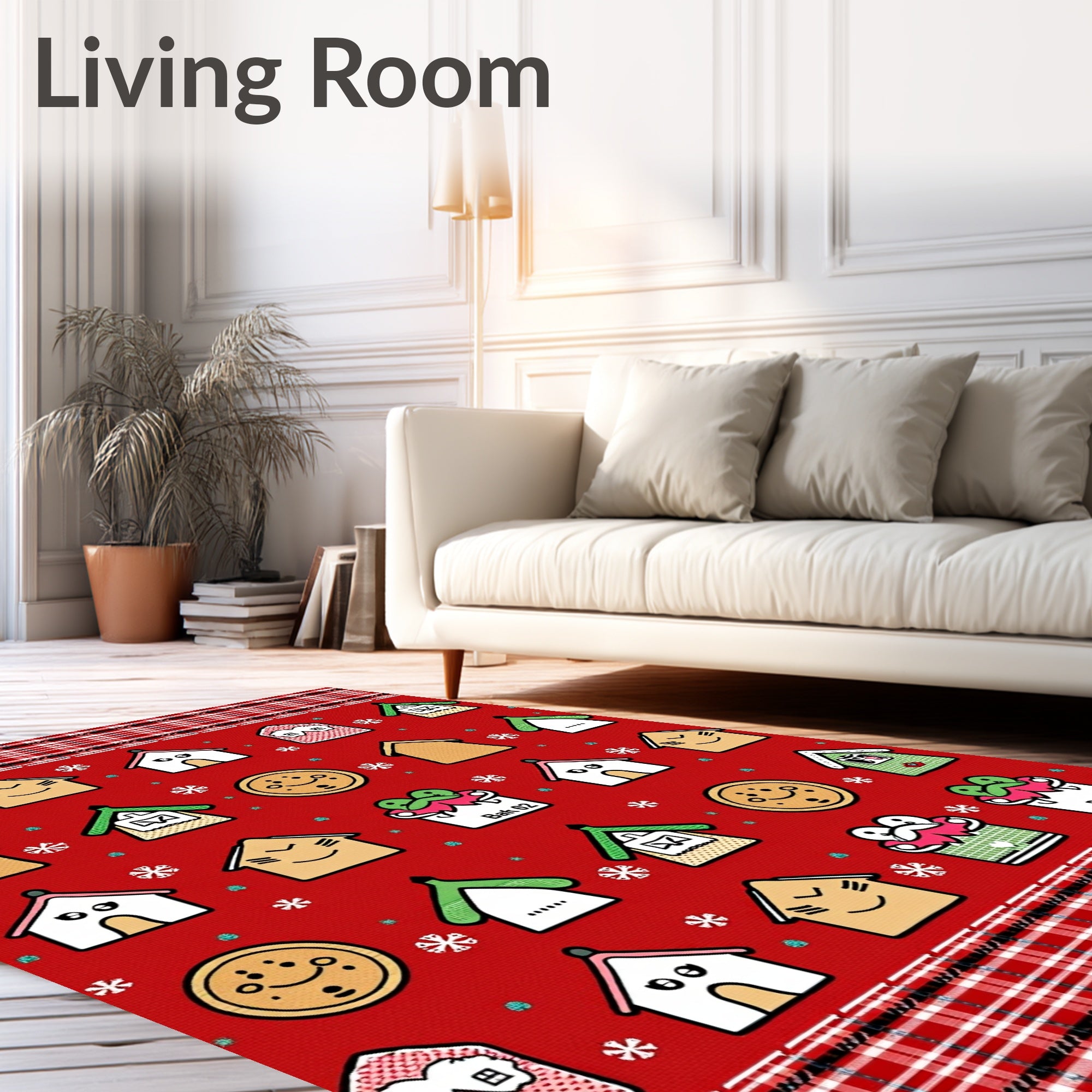Cute Red Houses Snowflake Collage Rug