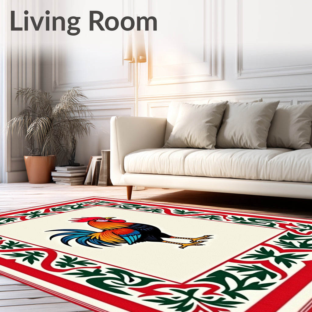 Vibrant Rooster Red Green Border Rug