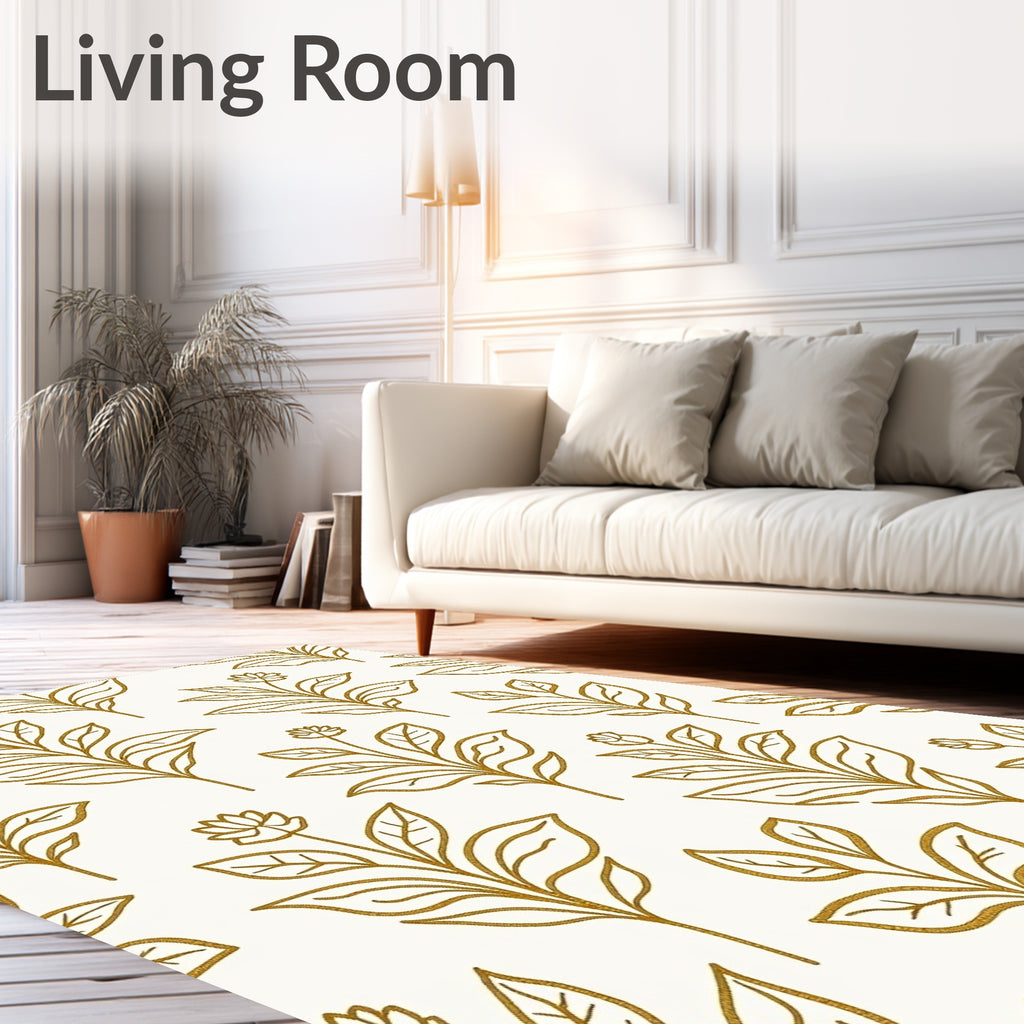 Golden Botanical Outline Foliage Rug