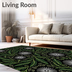 Black Green Leafy Bloom Swirl Rug