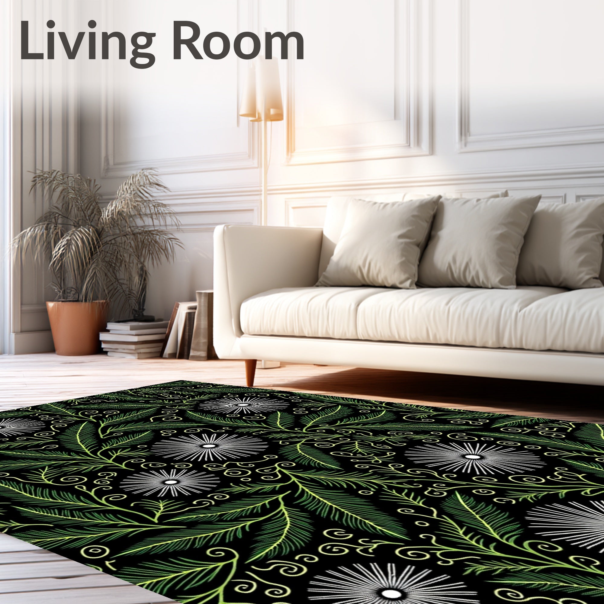 Black Green Leafy Bloom Swirl Rug