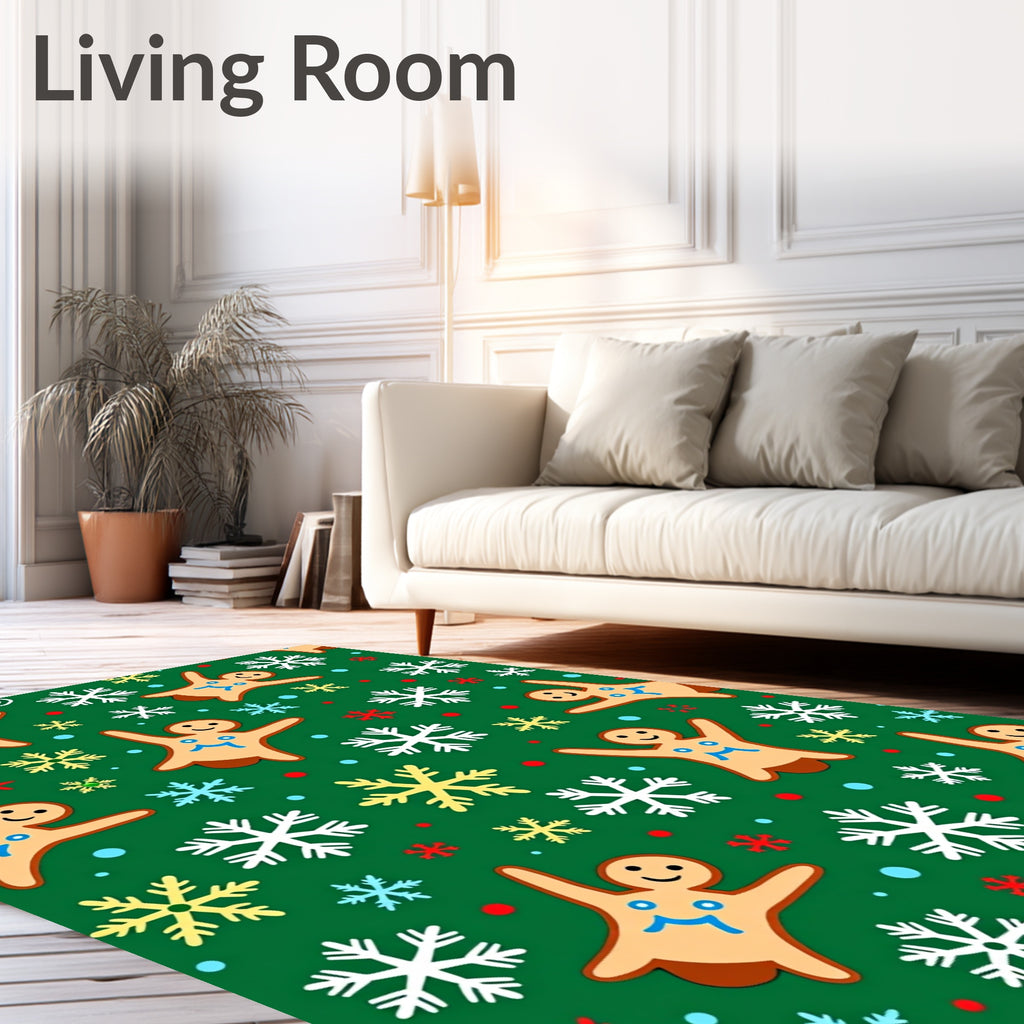 Festive Gingerbread Snowflakes Green Rug