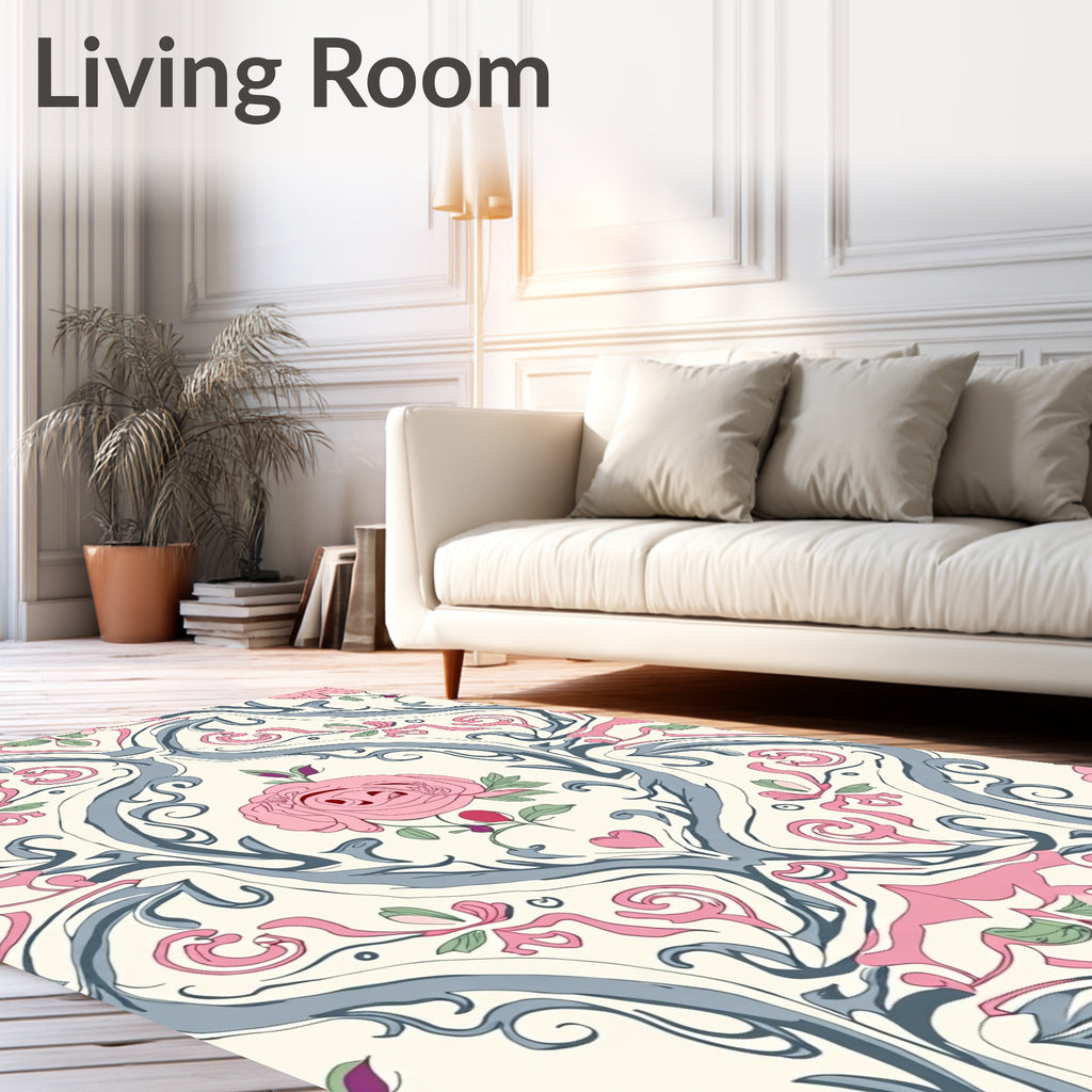Art Nouveau Pink Rose Floral Scroll Rug