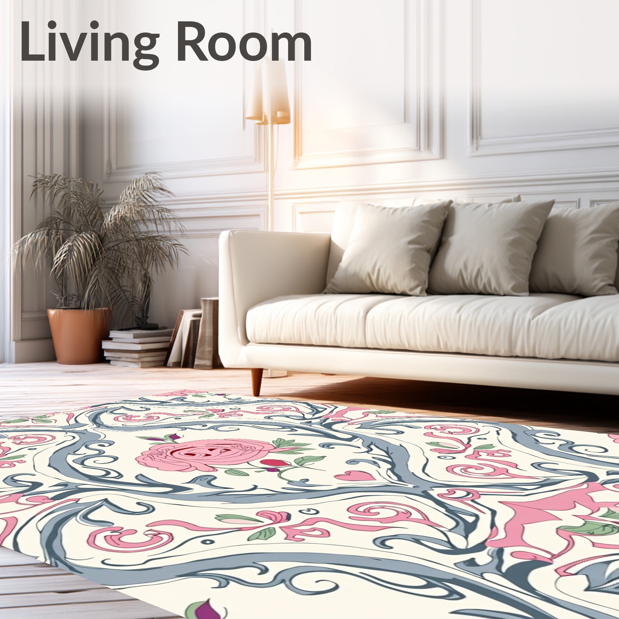 Art Nouveau Pink Rose Floral Scroll Rug