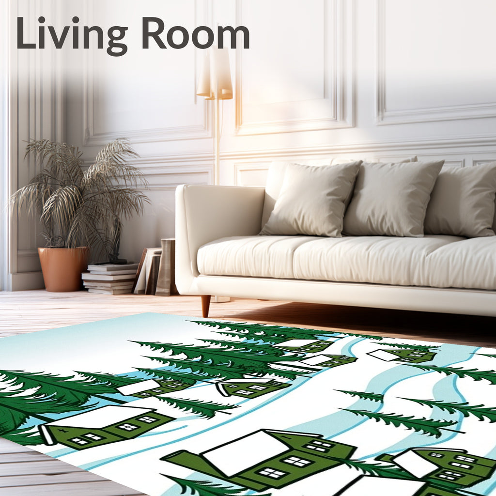 Cozy Green Village Snowy Evergreen Forest Rug