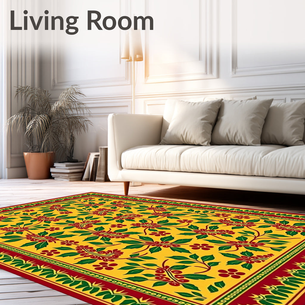 Yellow Red Green Floral Botanical Border Rug