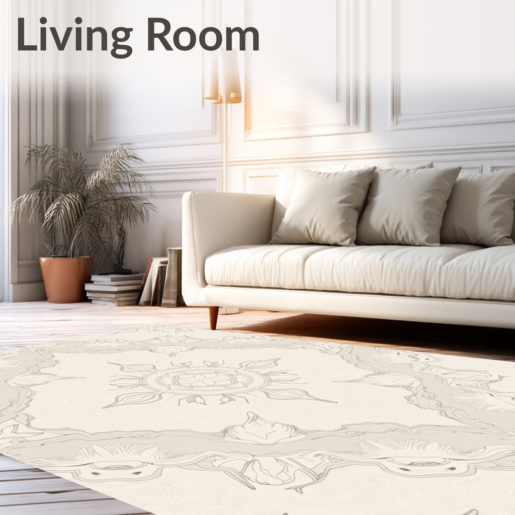 Neutral Beige Floral Medallion Mandala Rug